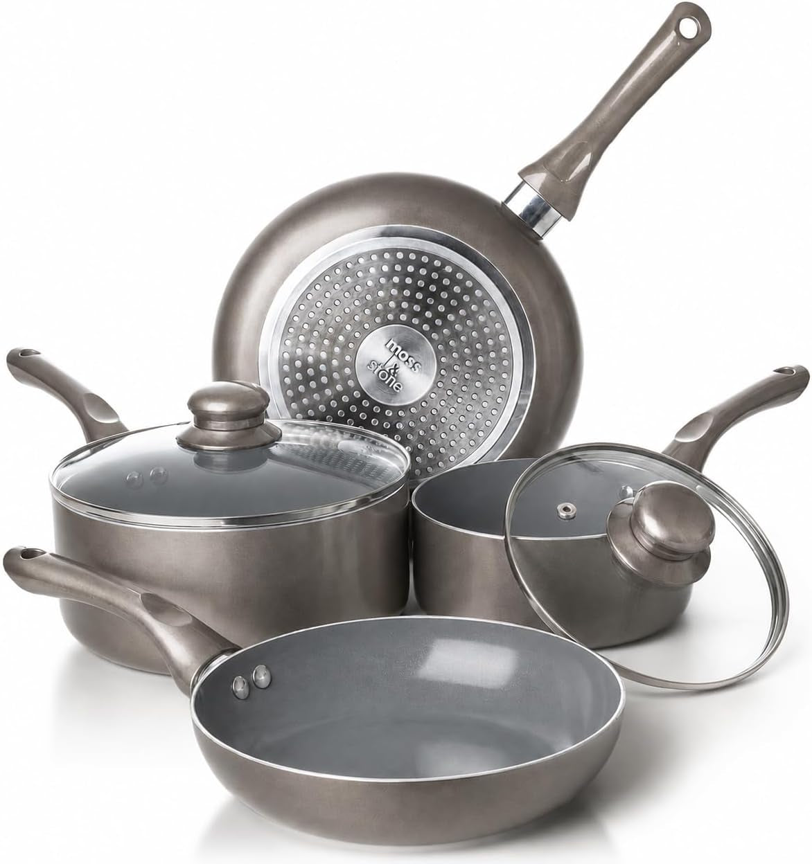 6 Pcs Dark Grey Nonstick Cookware Set, Pots and Pans Set Non Stick with Glass Lid, Induction Cookware, Stay-Cool Handle PTFE/PFOA Kitchen Pots 6-Piece with Frying Pans & Saucepan