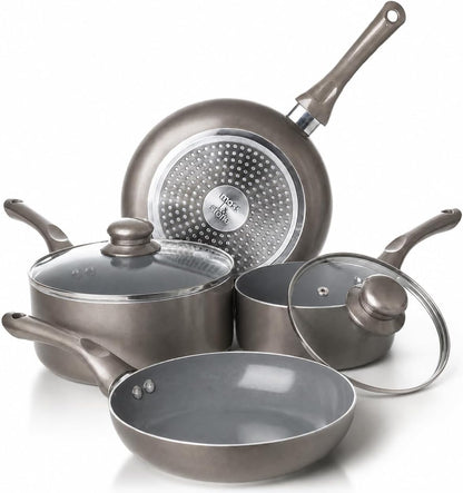 6 Pcs Dark Grey Nonstick Cookware Set, Pots and Pans Set Non Stick with Glass Lid, Induction Cookware, Stay-Cool Handle PTFE/PFOA Kitchen Pots 6-Piece with Frying Pans & Saucepan