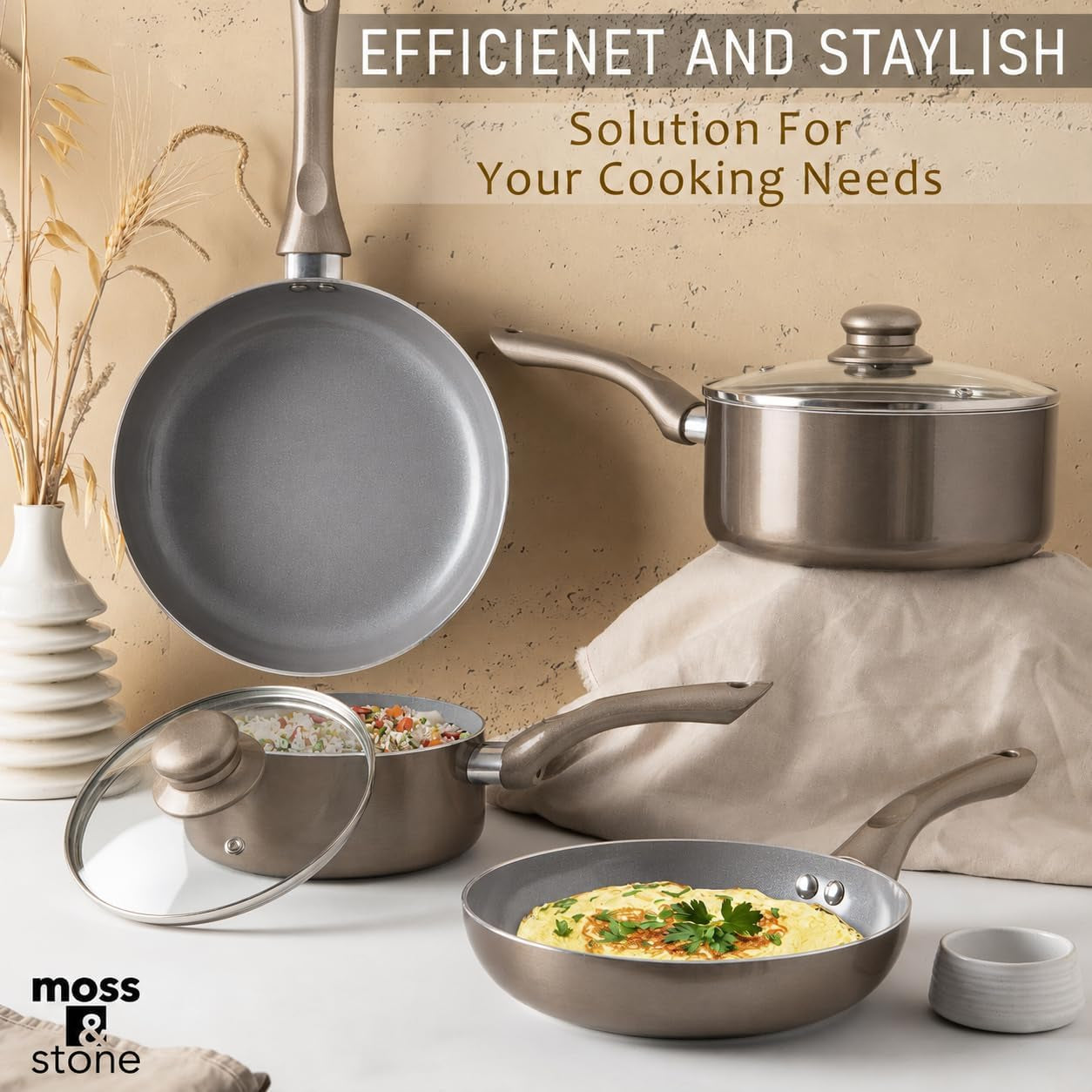 6 Pcs Dark Grey Nonstick Cookware Set, Pots and Pans Set Non Stick with Glass Lid, Induction Cookware, Stay-Cool Handle PTFE/PFOA Kitchen Pots 6-Piece with Frying Pans & Saucepan