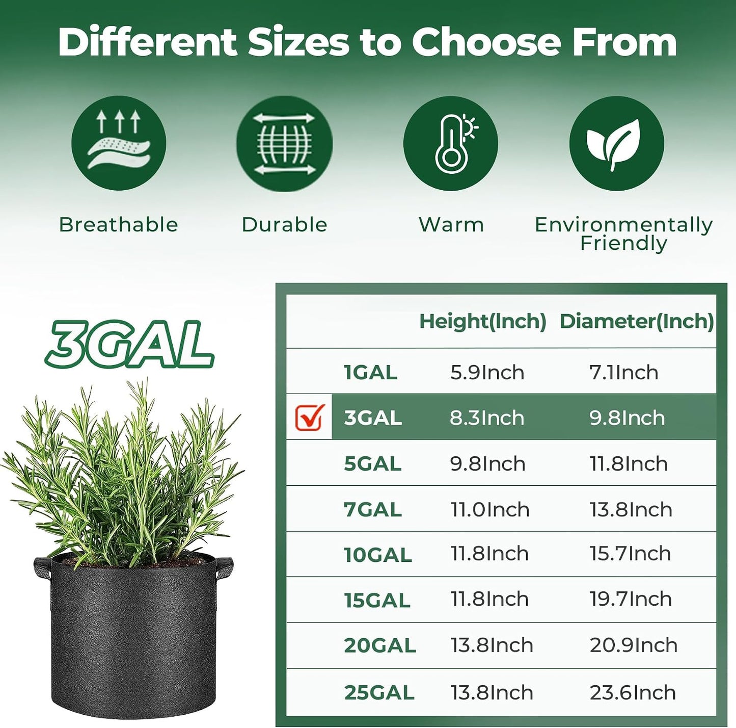 Grow Bags 3 Gallon 5 Pack, Fabric Pots for Outdoor Garden Plants | Vegetable Planter Container, Nursery Herbs, Breathable Aeration Nonwoven, Sturdy Handles