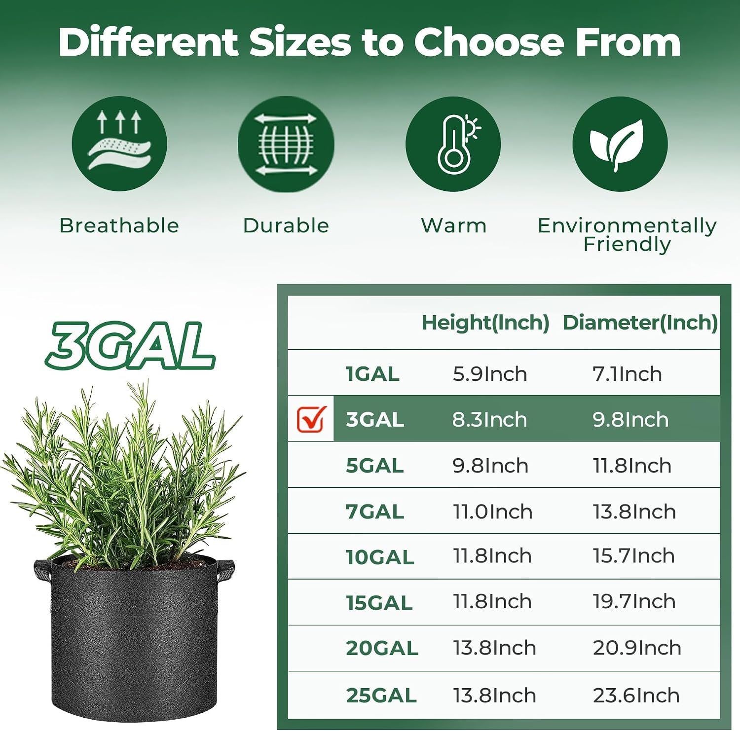 Grow Bags 3 Gallon 5 Pack, Fabric Pots for Outdoor Garden Plants | Vegetable Planter Container, Nursery Herbs, Breathable Aeration Nonwoven, Sturdy Handles