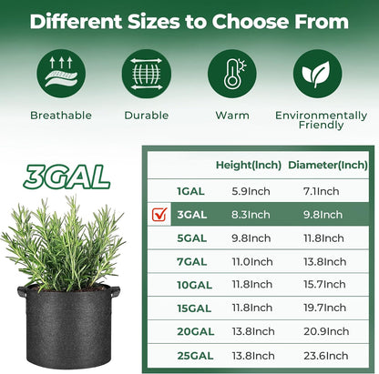 Grow Bags 3 Gallon 5 Pack, Fabric Pots for Outdoor Garden Plants | Vegetable Planter Container, Nursery Herbs, Breathable Aeration Nonwoven, Sturdy Handles